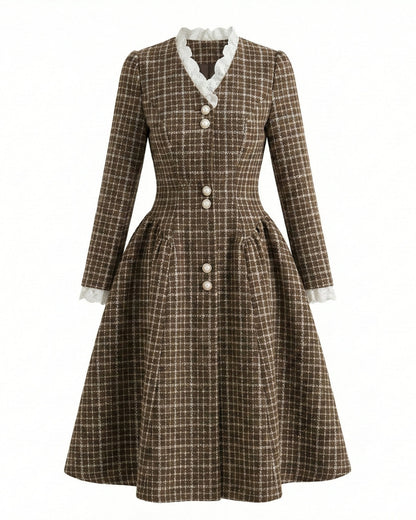 Cara Gingham Long Sleeve Midi Dress Brown