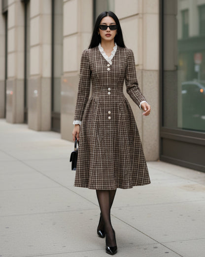 Cara Gingham Long Sleeve Midi Dress Brown
