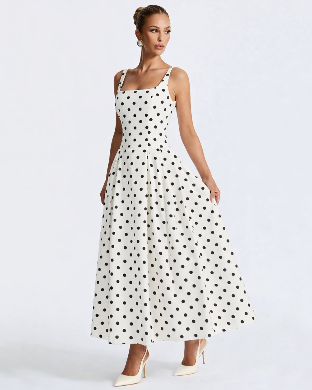 Caroline Polka Dot Midi Dress Black and White