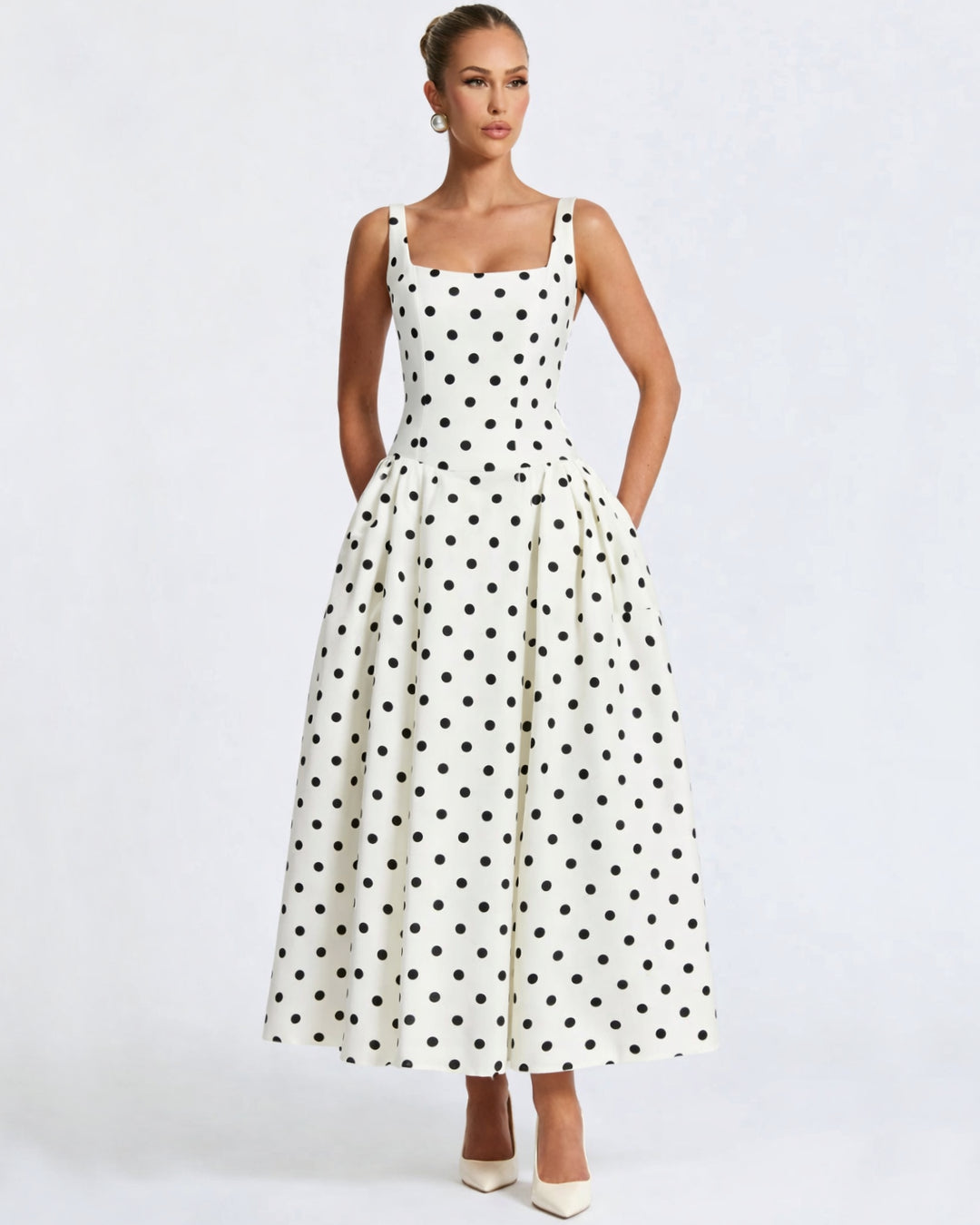 Caroline Polka Dot Midi Dress Black and White