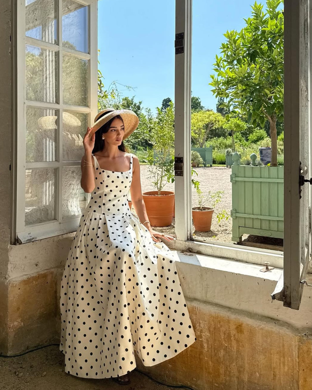 Caroline Polka Dot Midi Dress Black and White