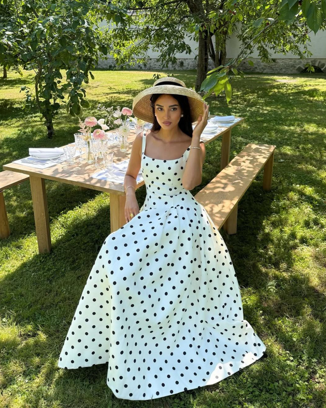 Caroline Polka Dot Midi Dress Black and White