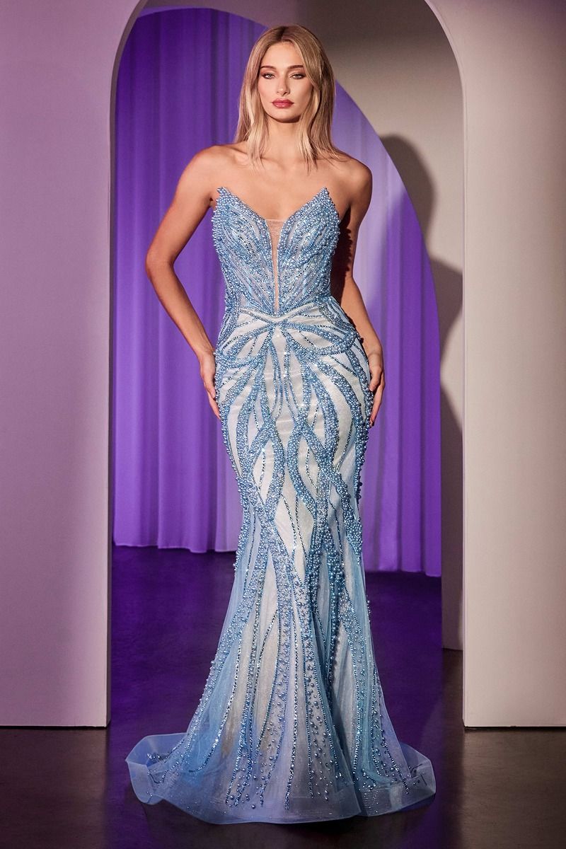 ADRIENNE GOWN PEARL & CRYSTAL STRAPLESS FITTED DRESS