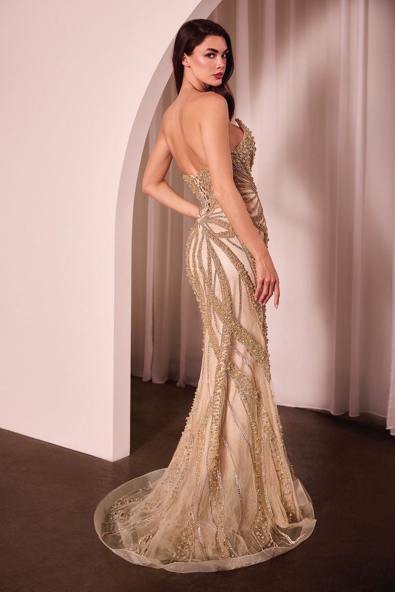 ADRIENNE GOWN PEARL & CRYSTAL STRAPLESS FITTED DRESS