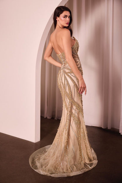 ADRIENNE GOWN PEARL & CRYSTAL STRAPLESS FITTED DRESS