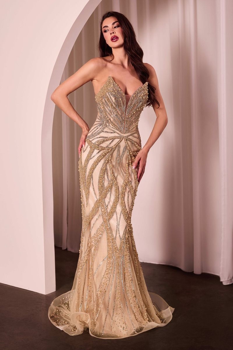 ADRIENNE GOWN PEARL & CRYSTAL STRAPLESS FITTED DRESS