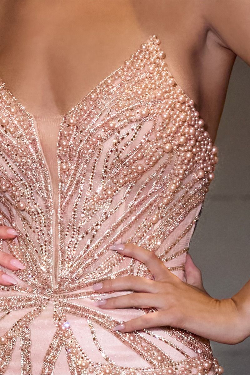ADRIENNE GOWN PEARL & CRYSTAL STRAPLESS FITTED DRESS