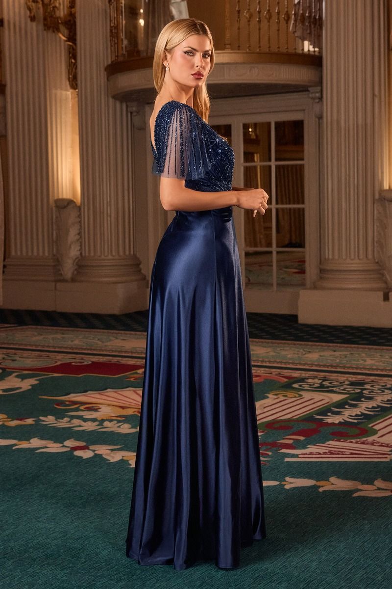 CARMINE GOWN BEADED A- DRESS WITH FLUTTER SLEEVES