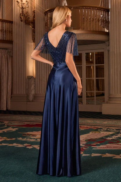 CARMINE GOWN BEADED A- DRESS WITH FLUTTER SLEEVES