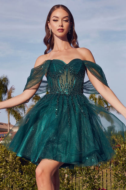OLIVIA MINI DRESS OFF THE SHOULDER EMBELLISHED A- SHORT DRESS