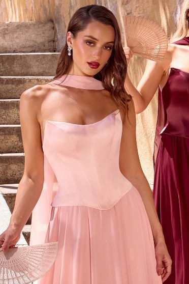 ISABELLA GOWN STRAPLESS CHIFFON DRESS WITH SCARF