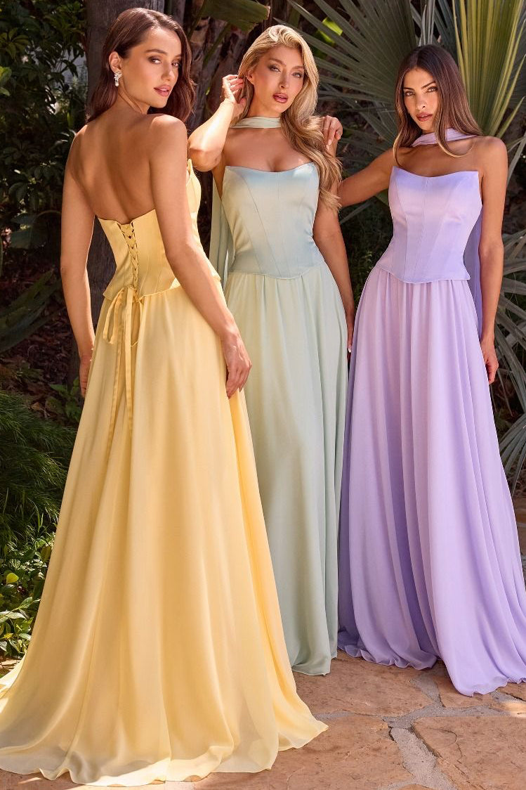 ISABELLA GOWN STRAPLESS CHIFFON DRESS WITH SCARF