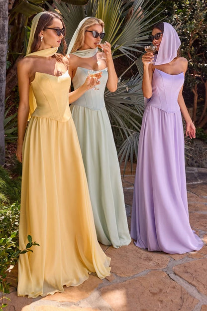 ISABELLA GOWN STRAPLESS CHIFFON DRESS WITH SCARF