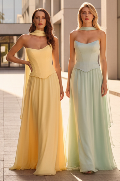 ISABELLA GOWN STRAPLESS CHIFFON DRESS WITH SCARF