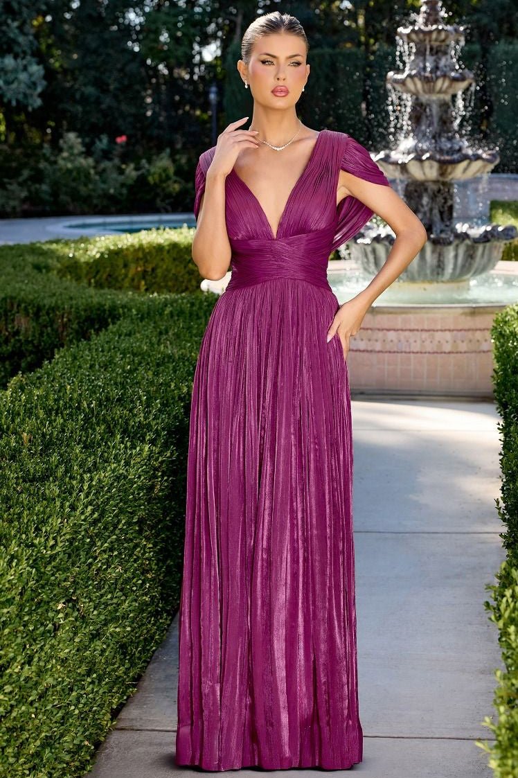 Astrid Gown Draped Cap Sleeve Shimmer Chiffon Dress