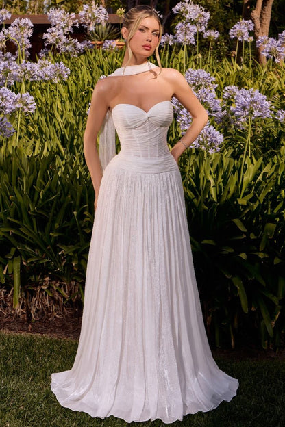 Linnea Gown Off White Shimmer Chiffon Dress with Scarf