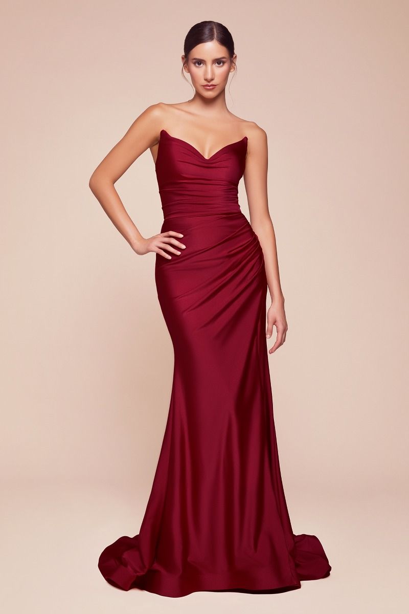 AVA POINTED V-NECKLINE GOWN STRAPLESS STRETCH SPANDEX SATIN FITTED DRESS