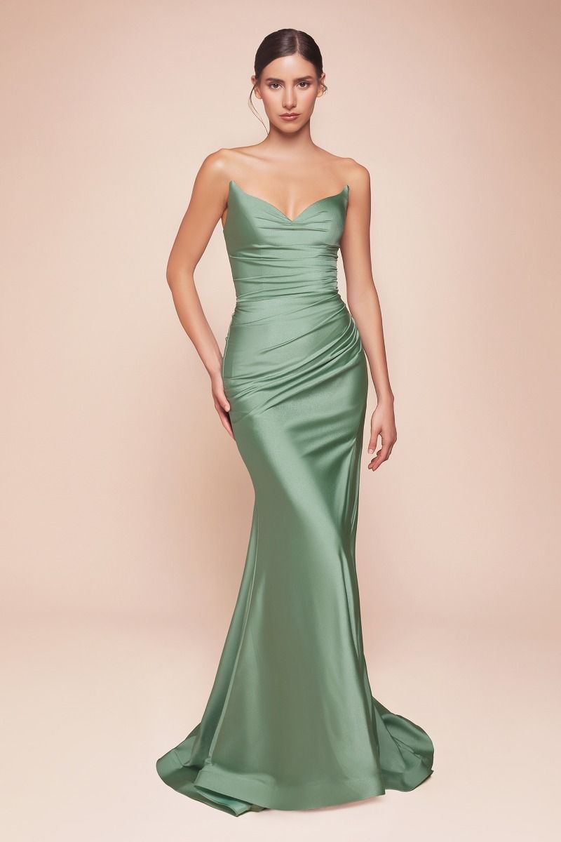 AVA POINTED V-NECKLINE GOWN STRAPLESS STRETCH SPANDEX SATIN FITTED DRESS