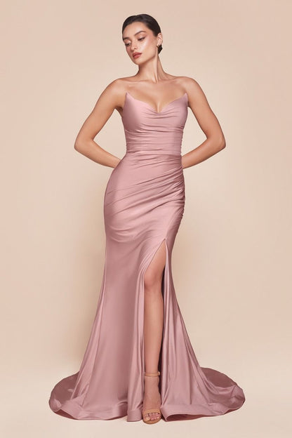 AVA POINTED V-NECKLINE GOWN STRAPLESS STRETCH SPANDEX SATIN FITTED DRESS