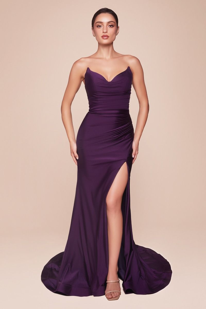 AVA POINTED V-NECKLINE GOWN STRAPLESS STRETCH SPANDEX SATIN FITTED DRESS