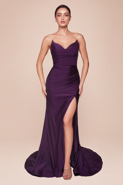 AVA POINTED V-NECKLINE GOWN STRAPLESS STRETCH SPANDEX SATIN FITTED DRESS