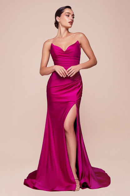 AVA POINTED V-NECKLINE GOWN STRAPLESS STRETCH SPANDEX SATIN FITTED DRESS