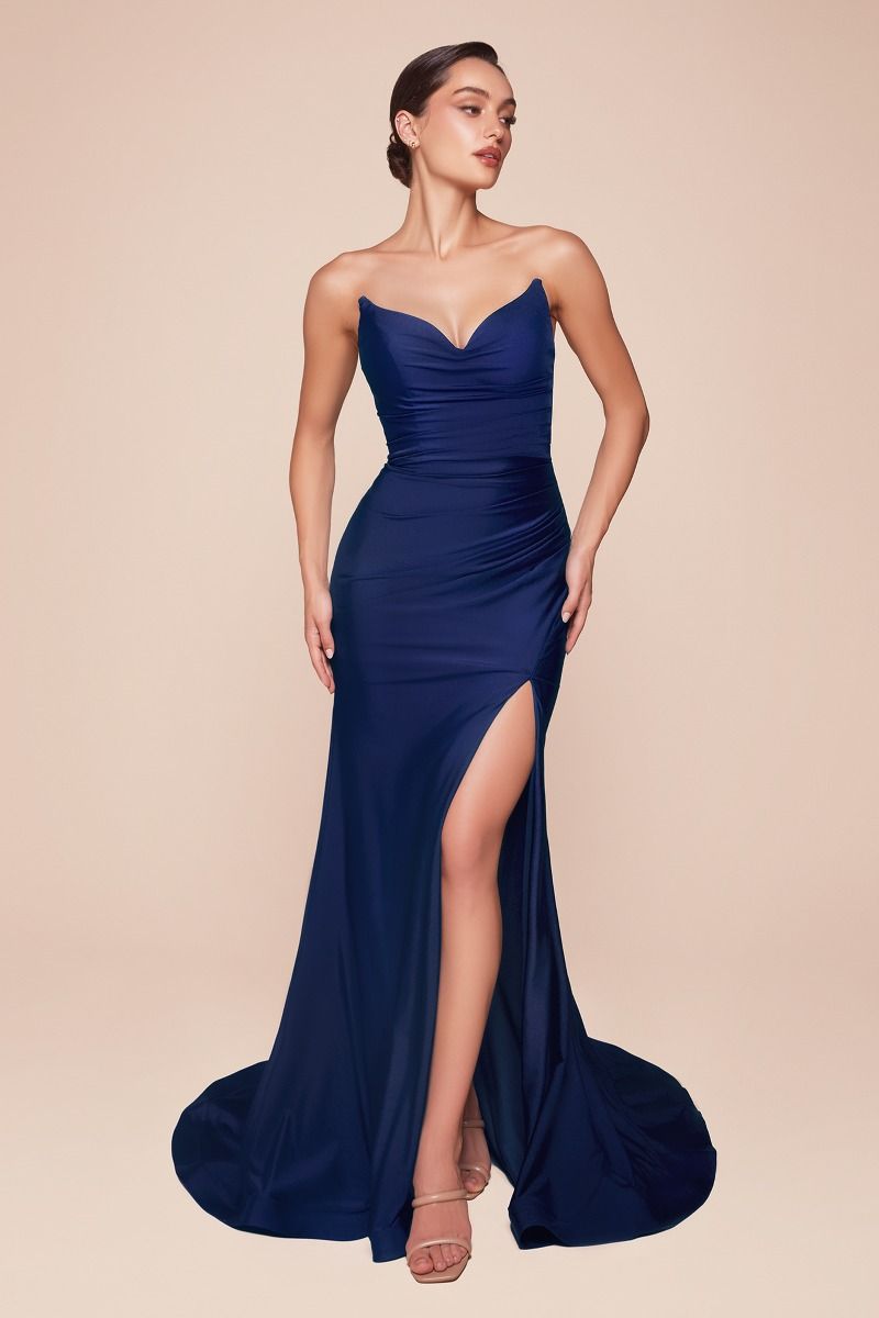 AVA POINTED V-NECKLINE GOWN STRAPLESS STRETCH SPANDEX SATIN FITTED DRESS