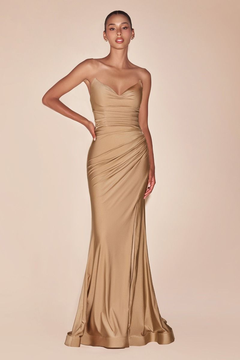 AVA POINTED V-NECKLINE GOWN STRAPLESS STRETCH SPANDEX SATIN FITTED DRESS