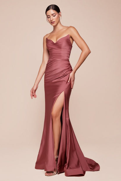 AVA POINTED V-NECKLINE GOWN STRAPLESS STRETCH SPANDEX SATIN FITTED DRESS