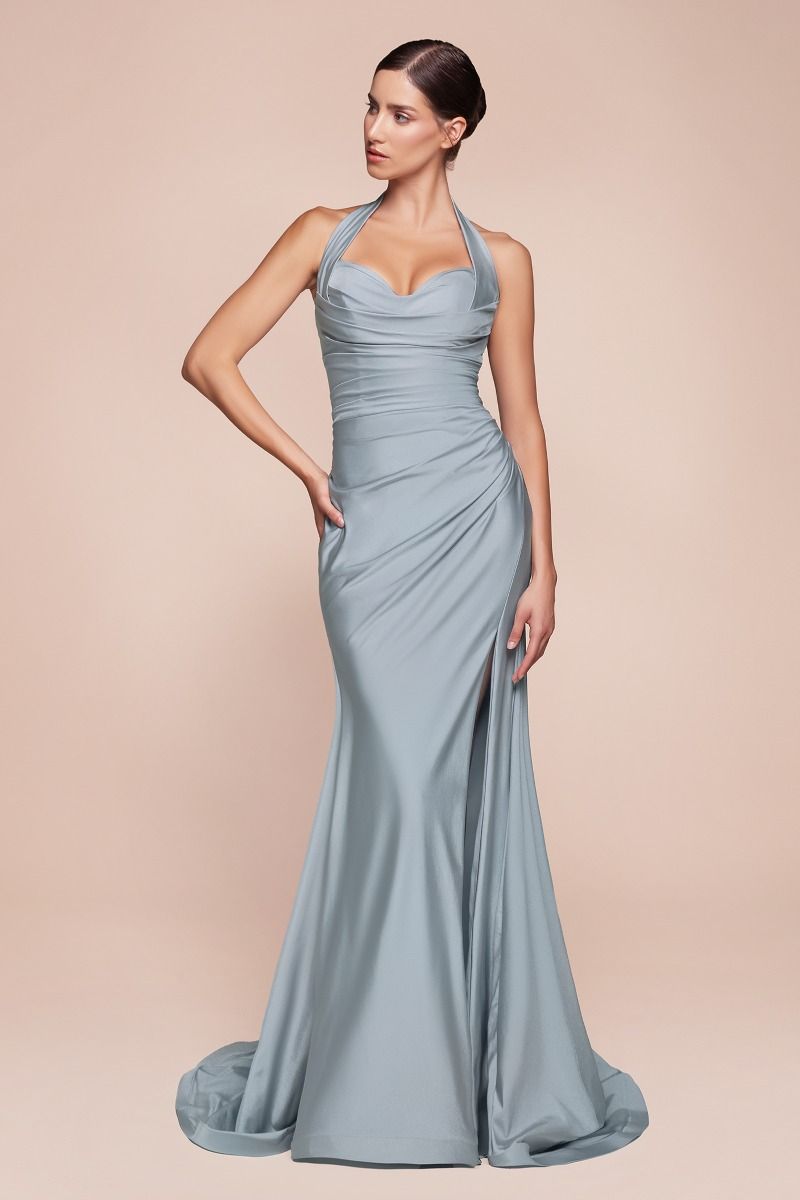 Autumn Gown Stretch Spandex Satin Halter Fitted Dress