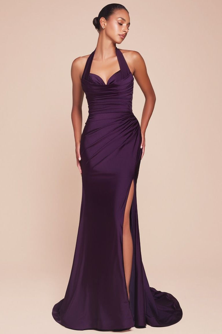 Autumn Gown Stretch Spandex Satin Halter Fitted Dress