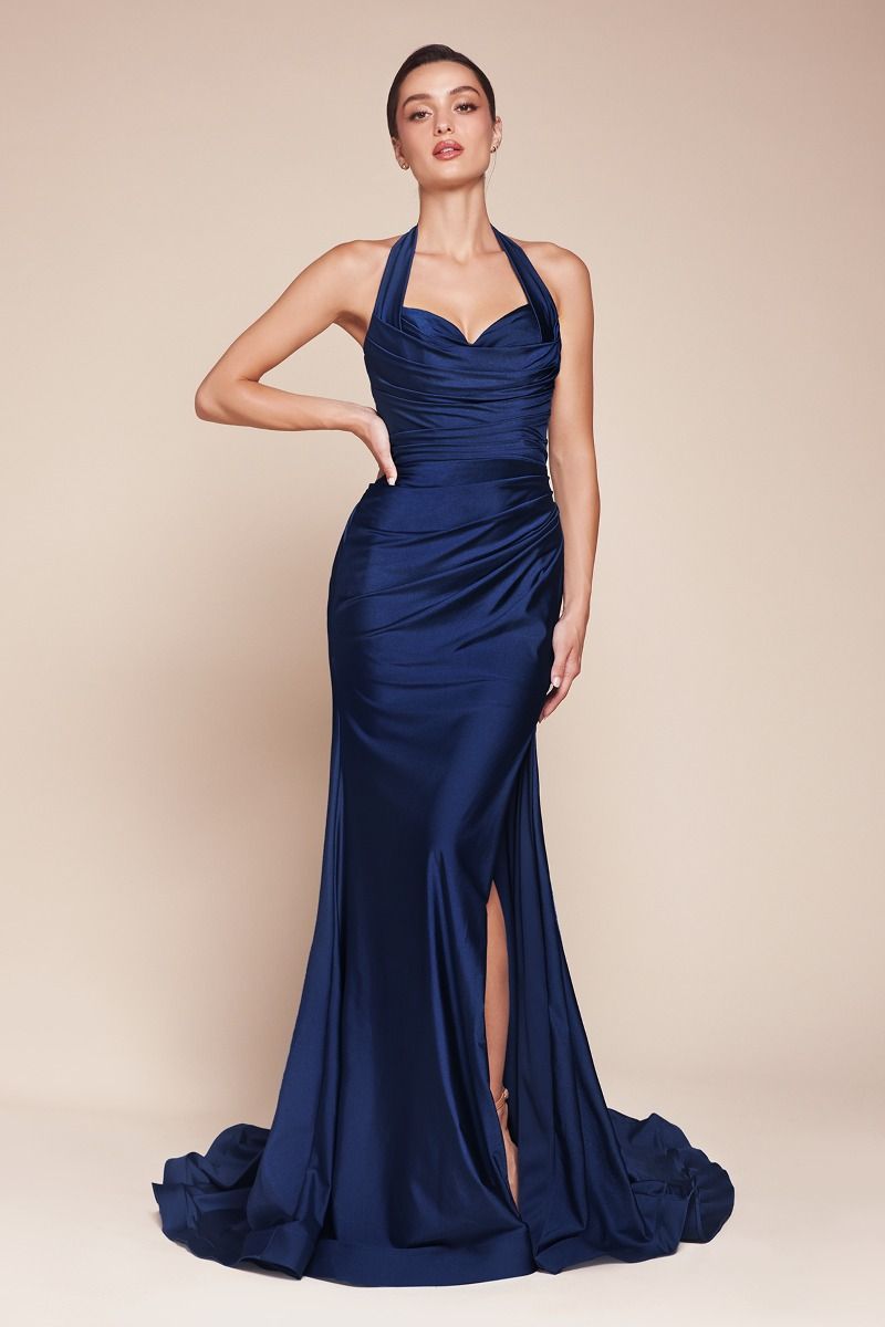Autumn Gown Stretch Spandex Satin Halter Fitted Dress