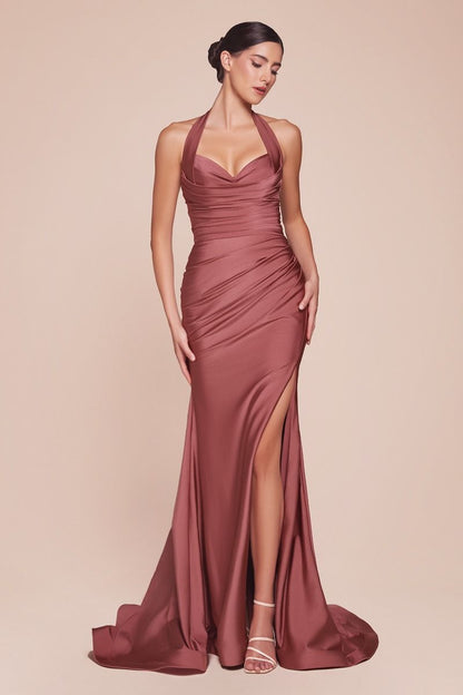 Autumn Gown Stretch Spandex Satin Halter Fitted Dress