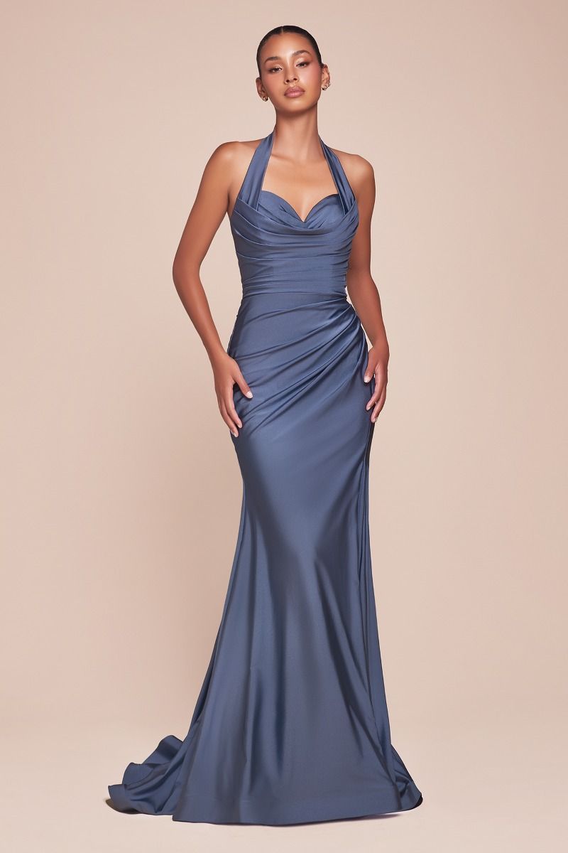 Autumn Gown Stretch Spandex Satin Halter Fitted Dress
