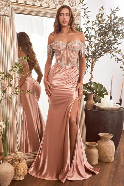 LANA GOWN EMBELLISHED OFF THE SHOULDER SATIN GOWN