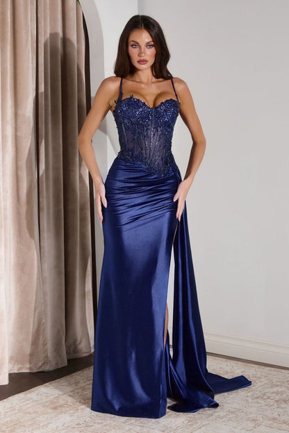 Teagan Gown Navy Fitted Satin & Lace Dress