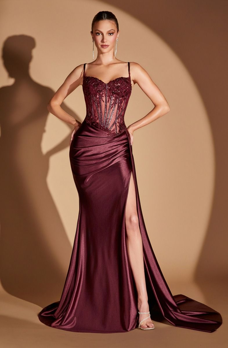 Teagan Gown Plum Noir Fitted Satin & Lace Dress
