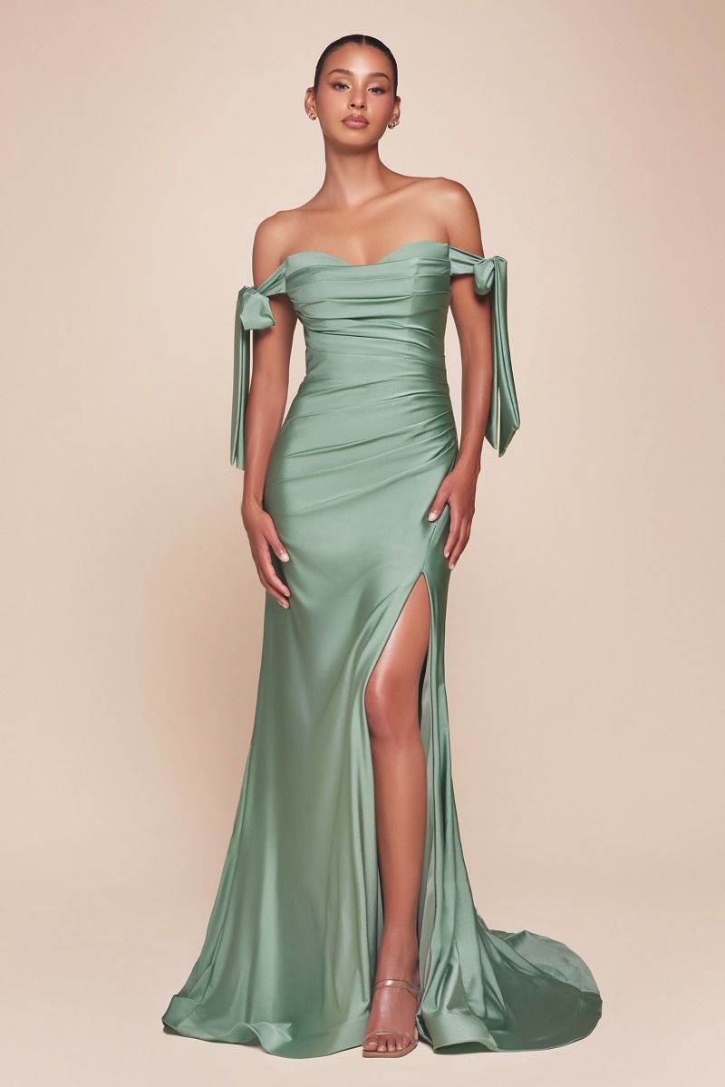 Amber Gown Off Shoulder Stretch Spandex Satin Dress With Ties