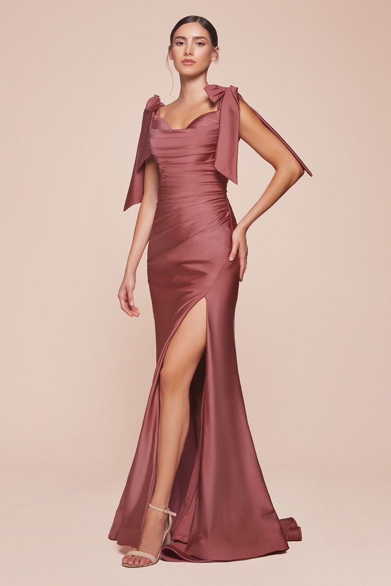 Amber Gown Off Shoulder Stretch Spandex Satin Dress With Ties
