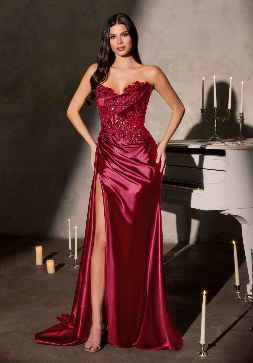 Leslie Gown Strapless Floral Beaded Evening Dress