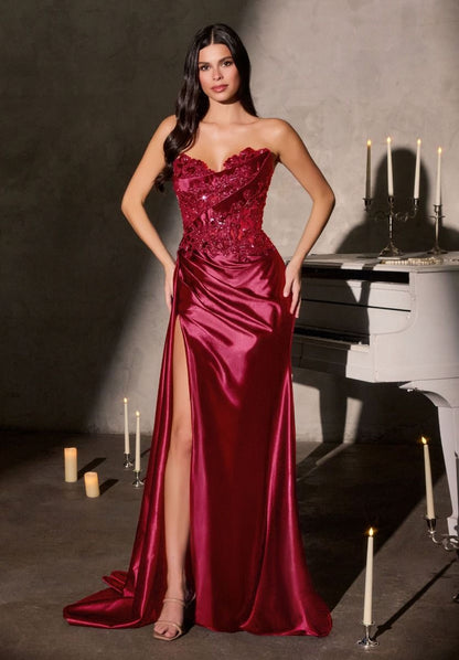 Leslie Gown Strapless Floral Beaded Evening Dress