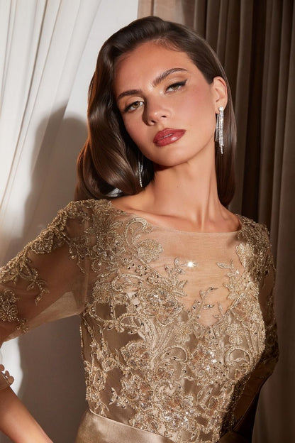 Cassandra Gown Beaded Mikado Dress With Sheer Sleeves