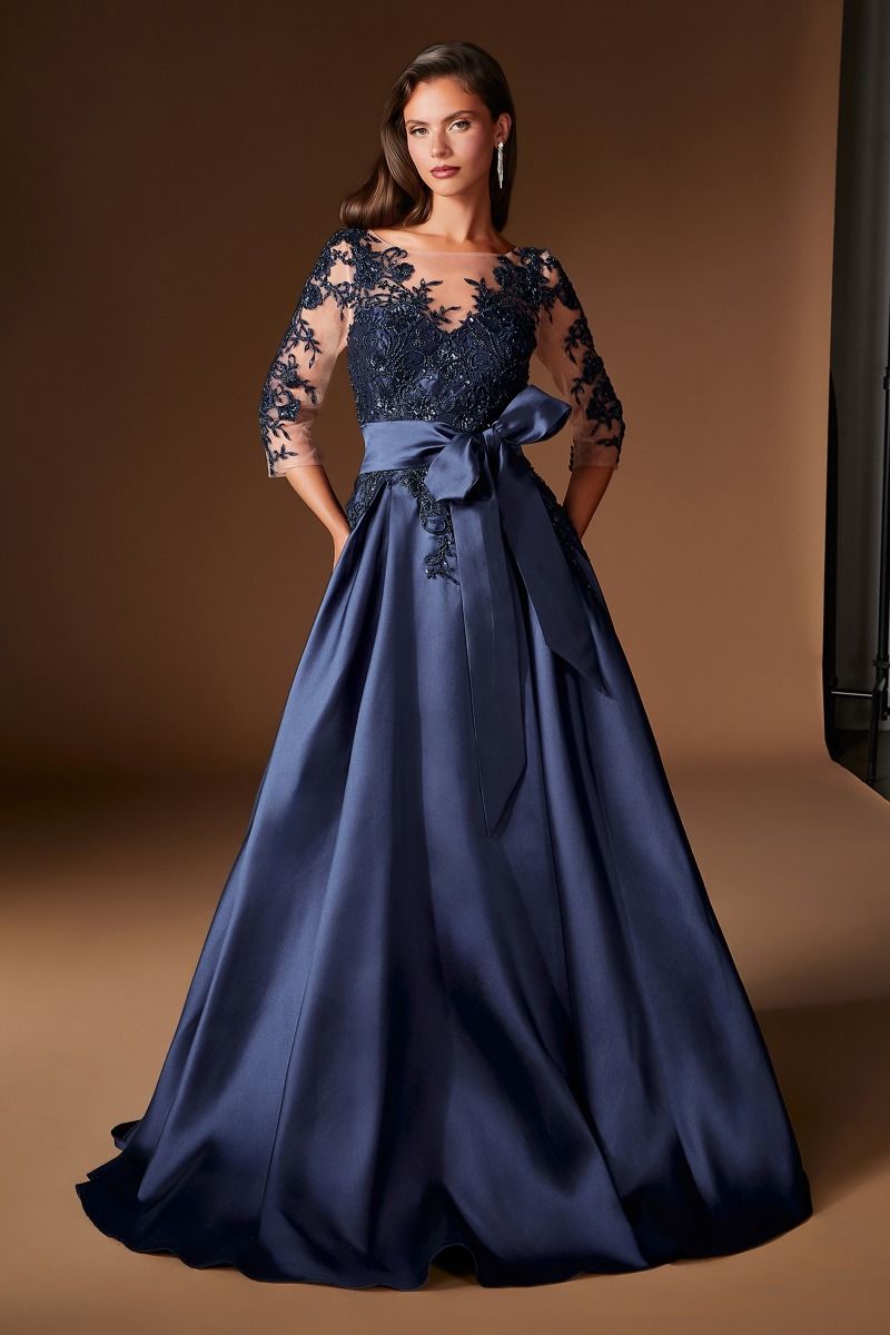 Cassandra Gown Beaded Mikado Dress With Sheer Sleeves