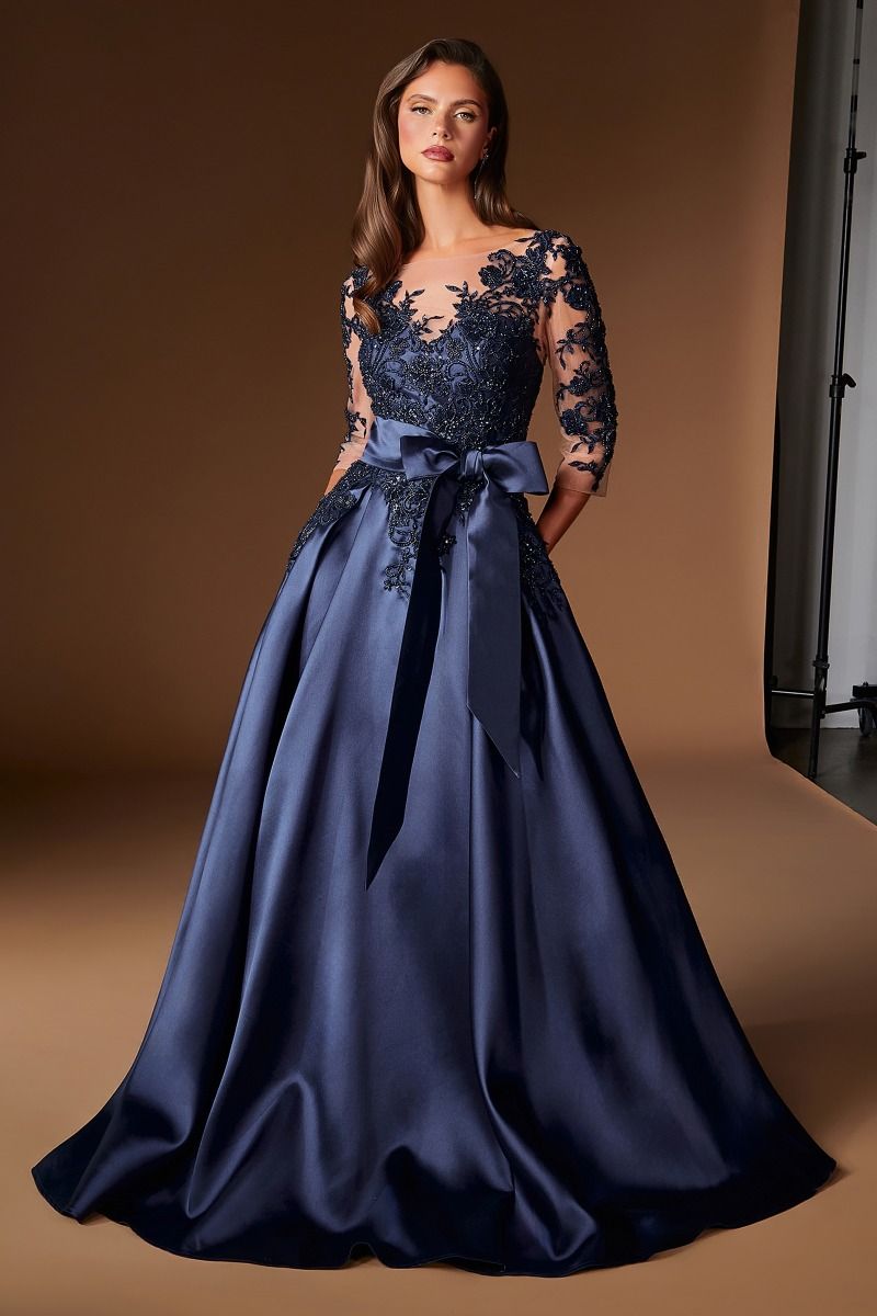 Cassandra Gown Beaded Mikado Dress With Sheer Sleeves