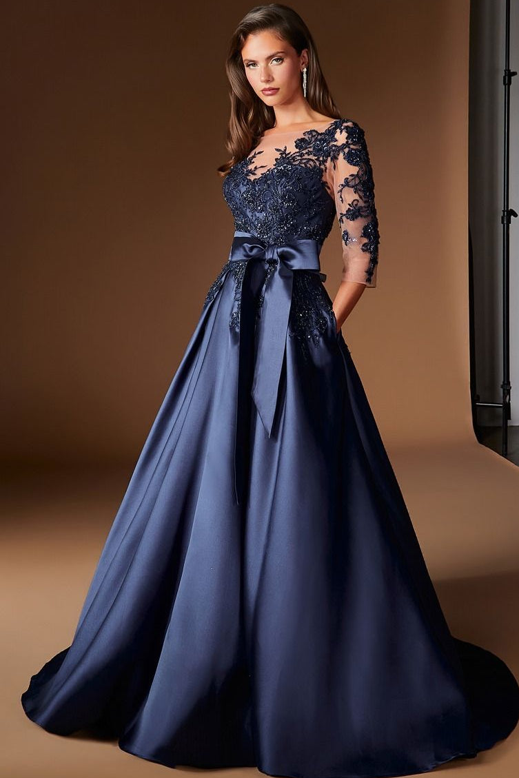 Cassandra Gown Beaded Mikado Dress With Sheer Sleeves