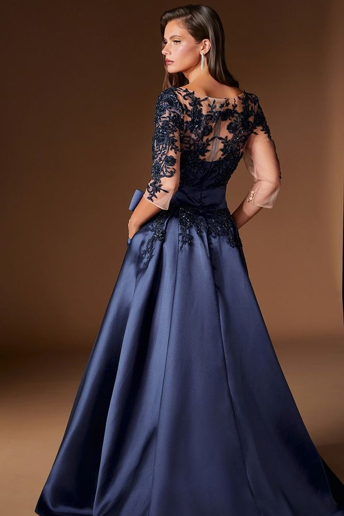 Cassandra Gown Beaded Mikado Dress With Sheer Sleeves