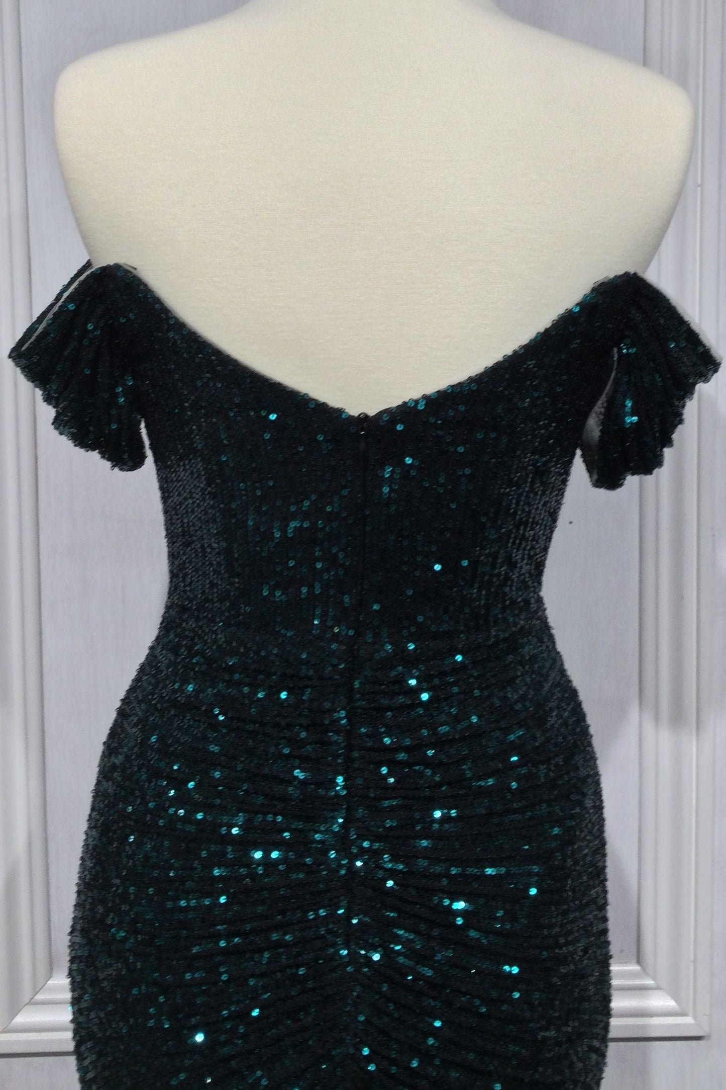 FALLON GOWN OFF THE SHOULDER RUCHED SEQUIN DRESS