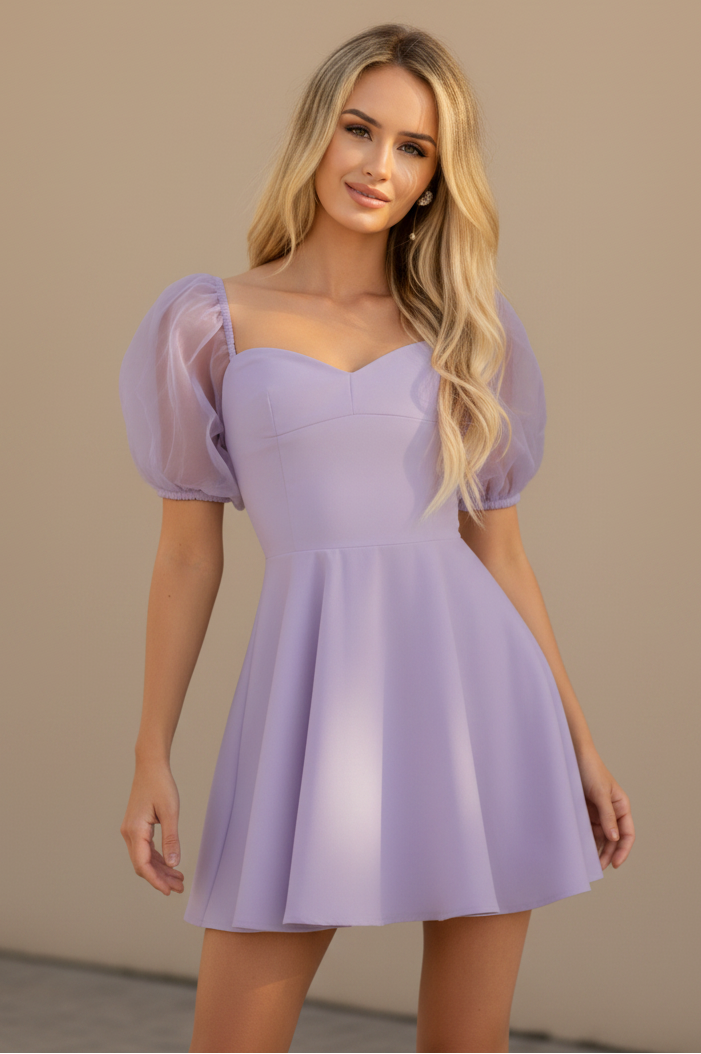 Size Small, Chloe Puff Sleeve Mini Dress Lilac FINAL