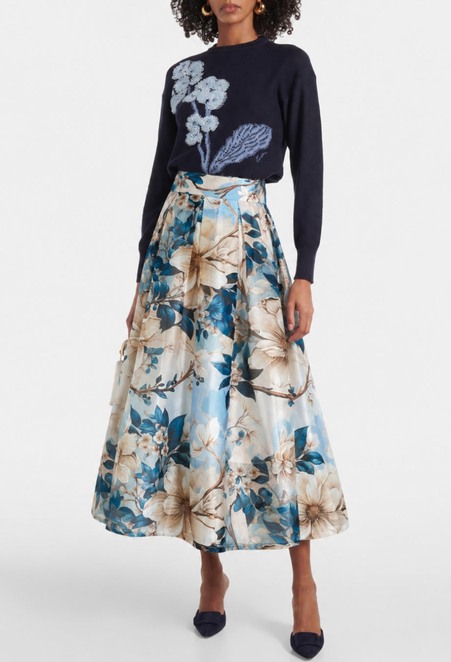 Colleen Blue Vintage Floral Midi Skirt