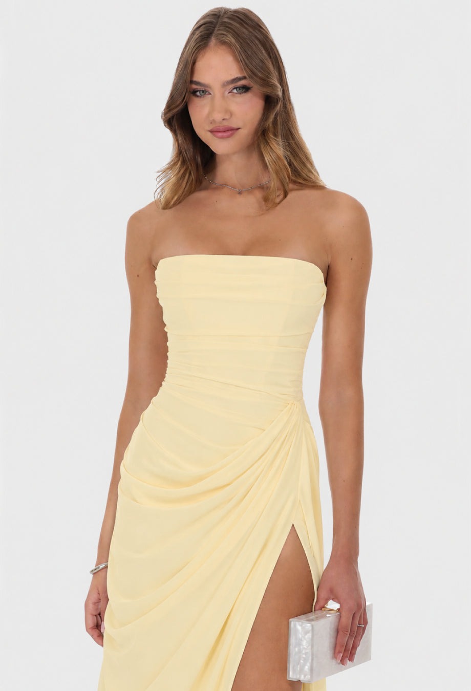 Cyra Light Yellow Chiffon Corset Maxi Dress